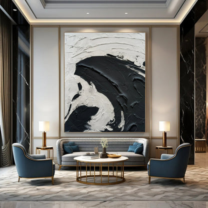 “White, Black Textured Swirl ‘Dramatic Serenity’” - Impasto Abstract Painting On Canvas DTP389