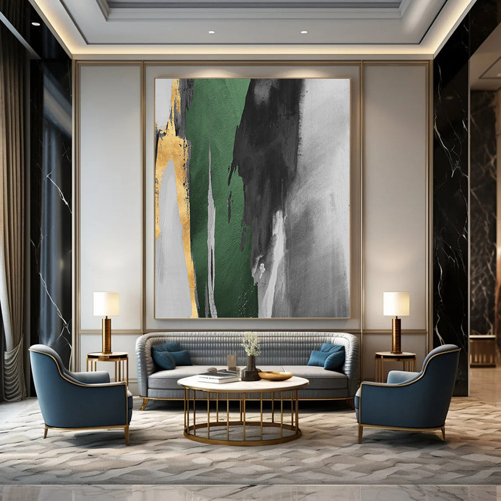 “Gilded Green Streak” - Green, Gold, Gray & White Abstract Brushstrokes Painting On Canvas DKH1522