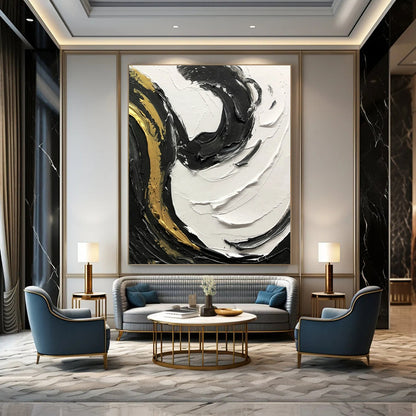 “Black, White, Gold Swirl ‘Elegant Dynamism’” - Impasto Abstract Painting On Canvas DTP381