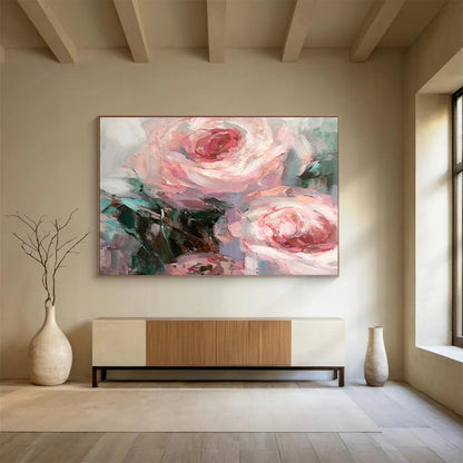 “Blush Rose Impasto” - Pink, White, Green Floral Oil Painting On Canvas DKH724