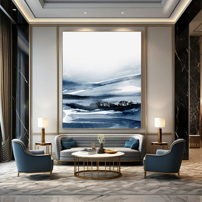 “Blue - White Ink Landscape” - Blue, White Abstract Landscape Painting On Canvas DTP231