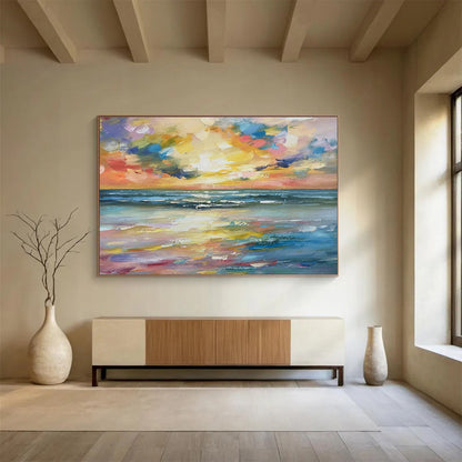 Rainbow - Hued Sunset and Ocean “Spectral Seaside Splendor” Painting On Canvas DKH117
