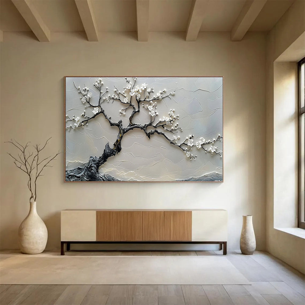 “Blossom Serenity” - Gray, White Textured Floral Relief - like Painting On Canvas DKH695
