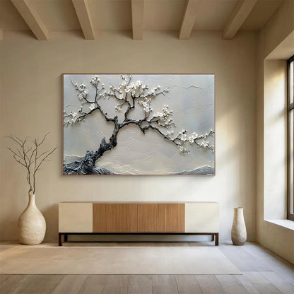 “Blossom Serenity” - Gray, White Textured Floral Relief - like Painting On Canvas DKH695