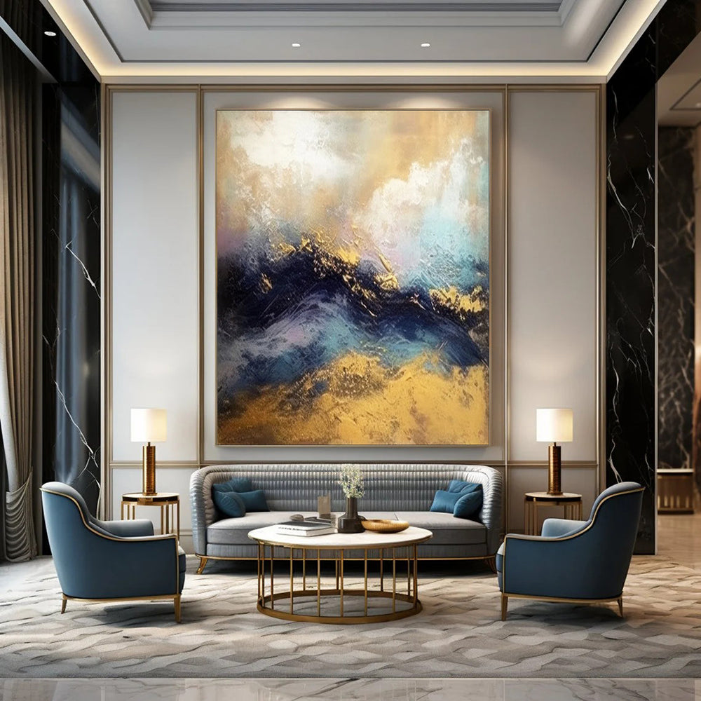 “Gold and Blue Abstract Waves” - Contemporary Landscape Art CT1941