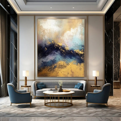 “Gold and Blue Abstract Waves” - Contemporary Landscape Art CT1941