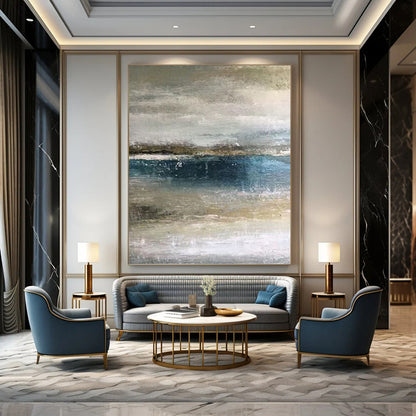 “Muted Coastal Layers” - Blue, Gray & Beige Abstract Seascape Painting On Canvas DKH0945