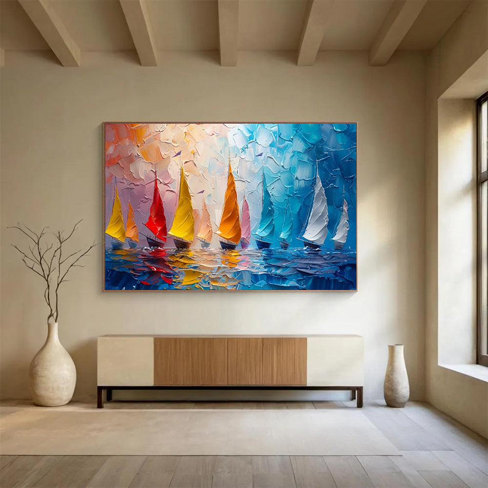 “Colorful Sailboats on Textured Sea” - Energetic Marine Painting On Canvas DKH800