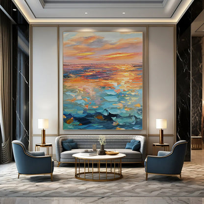 “Colorful Sea Sunset” - Orange, Pink & Blue Seaside Landscape Painting On Canvas CT2204