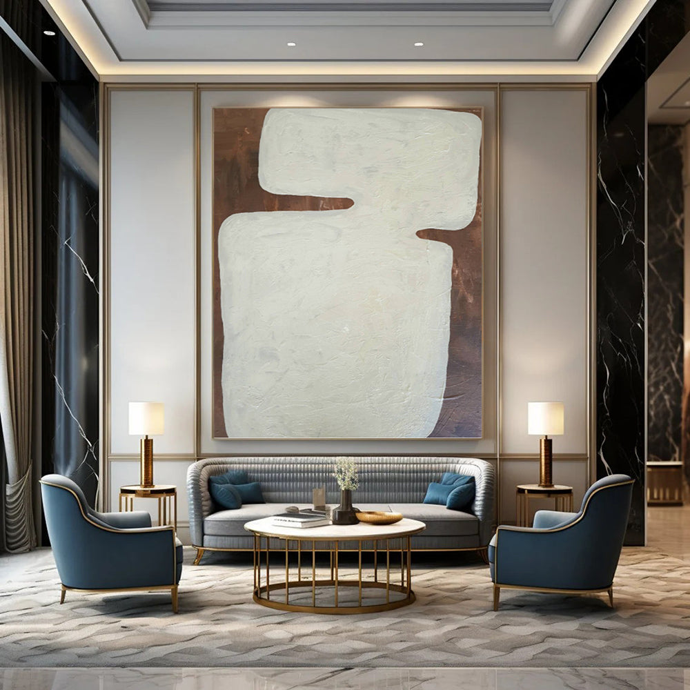 “White Abstract Shape on Brown Background” - Minimalist Abstract Painting On Canvas DKH1082