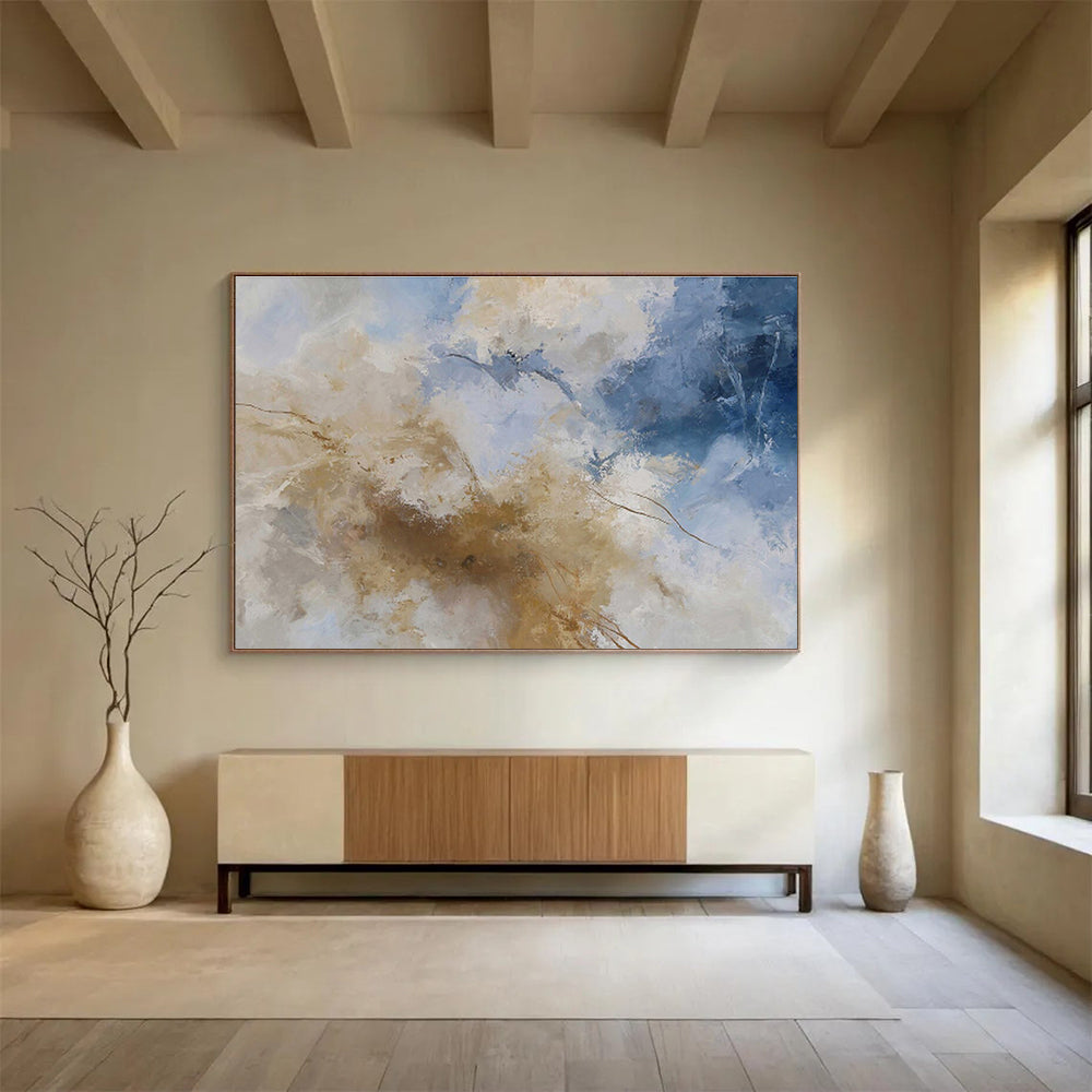 Blue, White, and Gold Abstract “Skyward Luxe Abstraction” Painting On Canvas DKH136