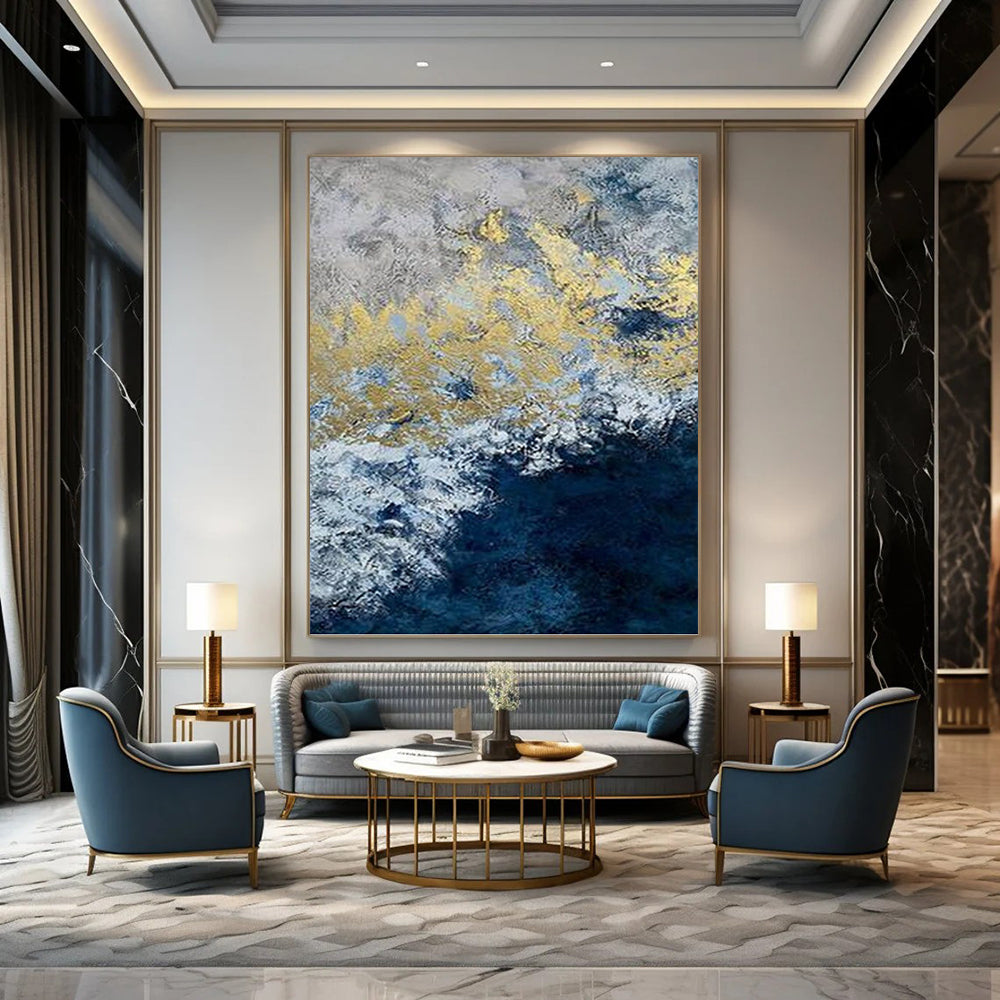 “Gold - Blue Waves” - Blue, Gray & Gold Abstract Ocean - Inspired Painting On Canvas DKH1549