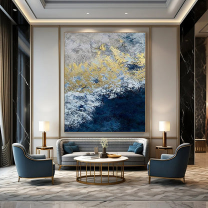 “Gold - Blue Waves” - Blue, Gray & Gold Abstract Ocean - Inspired Painting On Canvas DKH1549
