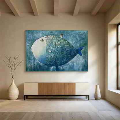 Whimsical Big Fish with House Surreal Painting On Canvas DKH218