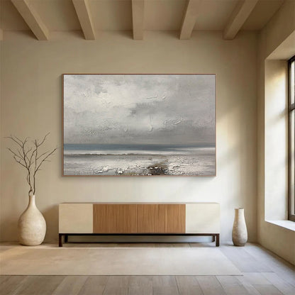 “Textured Gray Seaside” - Gray & Blue Impasto Coastal Painting On Canvas DLZ265