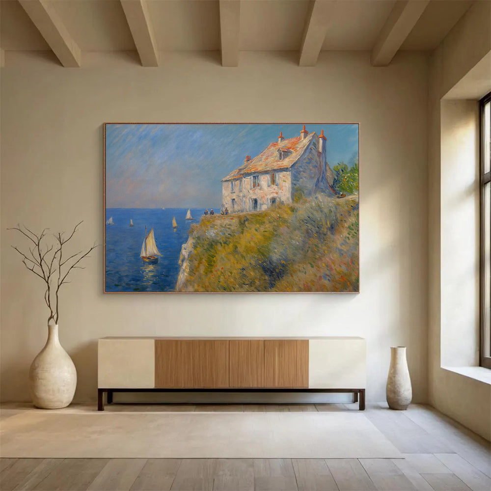 Coastal House with Sailboats Impressionist Painting On Canvas DKH222