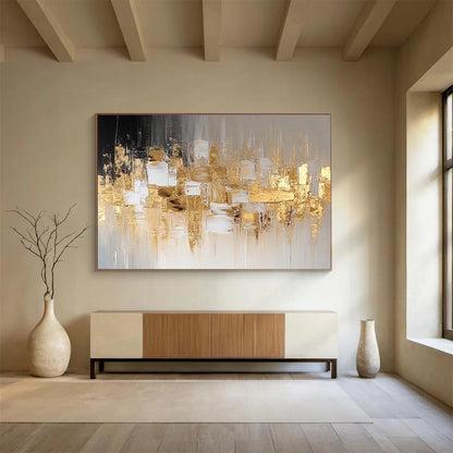 “Gold - Grey Urban Abstraction” Abstract Cityscape Painting On Canvas DKH528