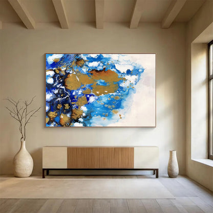 “Blue, Gold, and White Fluid Abstract” Painting On Canvas DKH167