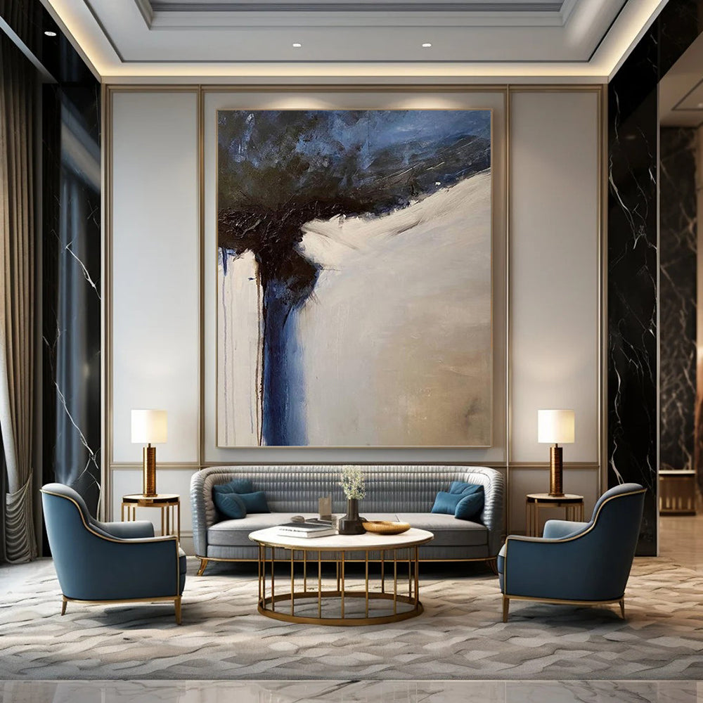 Blue, Black, and White Abstract Composition - Abstract Painting On Canvas DKH1499