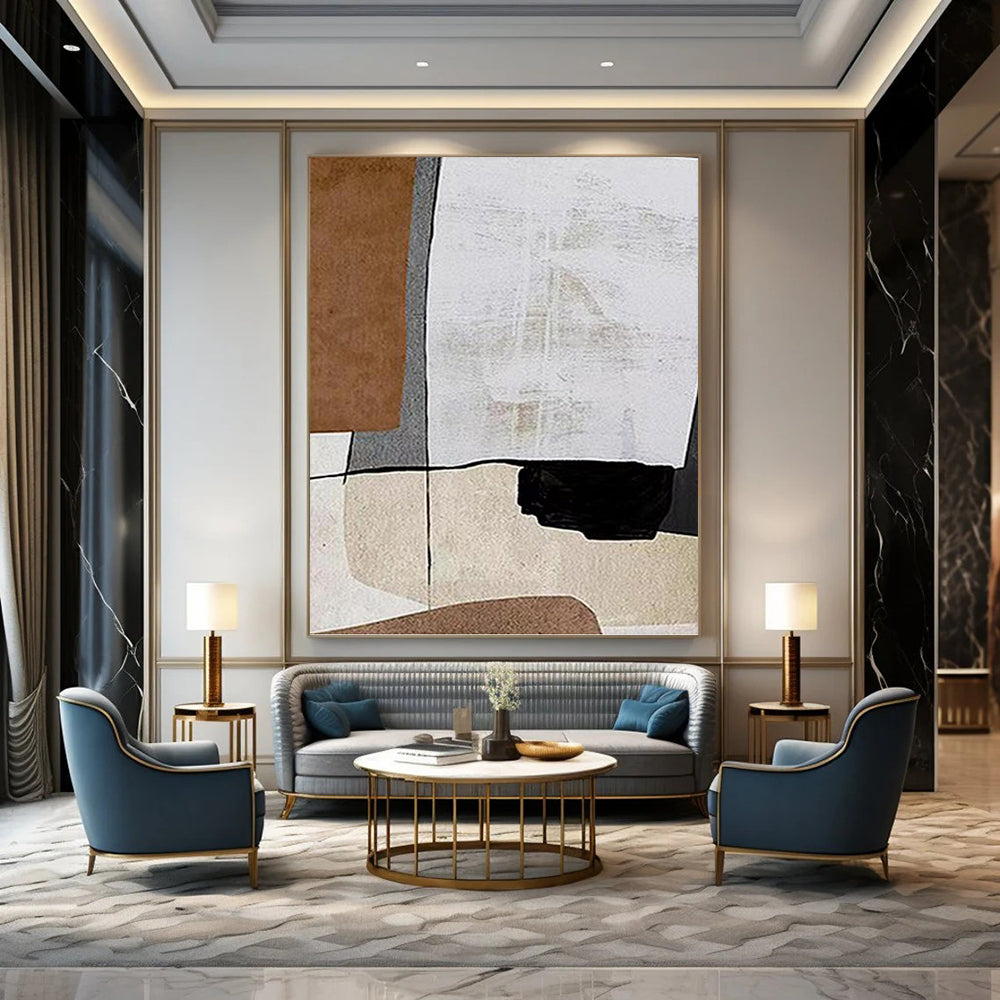 “Neutral Geometry” - Brown, Gray, White & Black Abstract Forms Painting On Canvas DKH1520