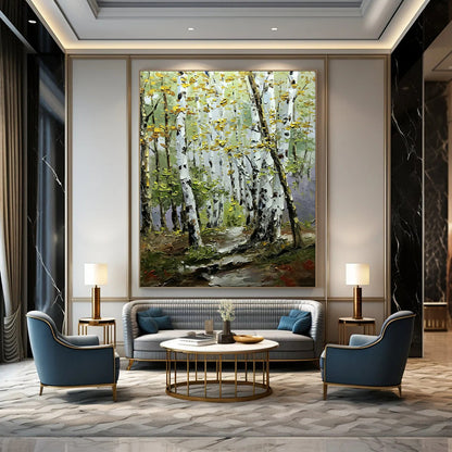 “Golden - Hued Birch Forest Path” – Impasto Landscape Oil CT2093