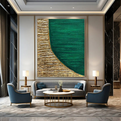 “Gold & Emerald Abstract Shape” - Gold & Emerald Green Abstract Painting On Canvas DKH1219