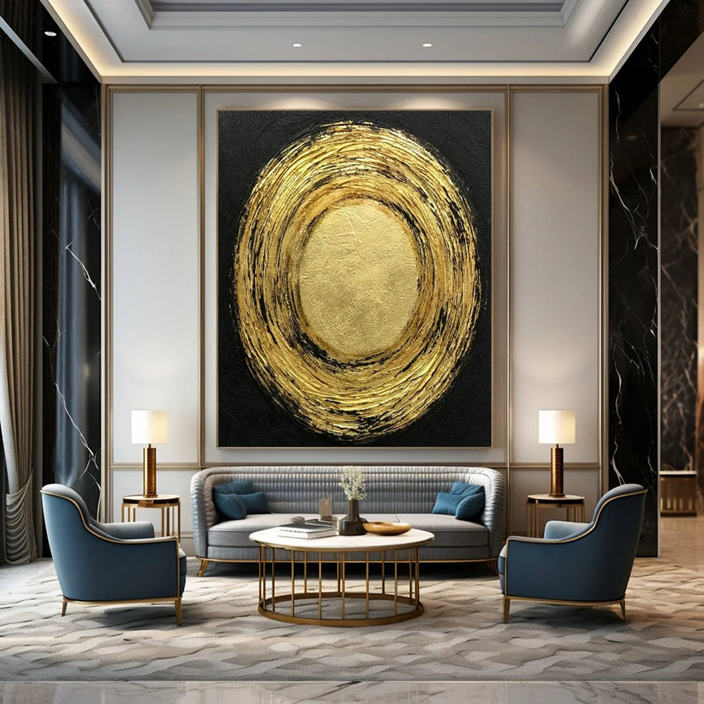 “Gold & Black Textured Circles” - Abstract Painting On Canvas CT2330