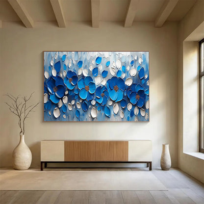 Blue and White Textured Flowers - 3D Botanical Painting On Canvas DLZ173