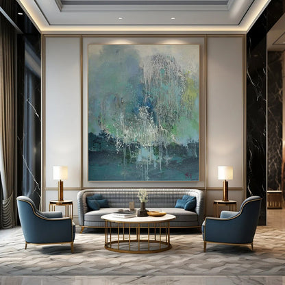 “Colorful Dripping Abstract” - Blue, Green, White & Gray Dripping Abstract Painting On Canvas DKH1199