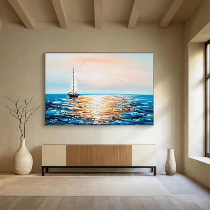 Sunset Sailboat Sparkle - Impressionist Seascape Painting On Canvas DLZ188