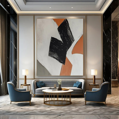 “Black - Orange Geometric Shapes” - Minimalist Abstract Painting On Canvas DTP111