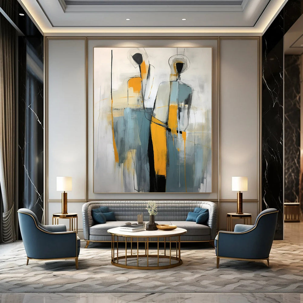“Abstract Figures” - Gray, Orange & Blue Abstract Painting On Canvas CT2232