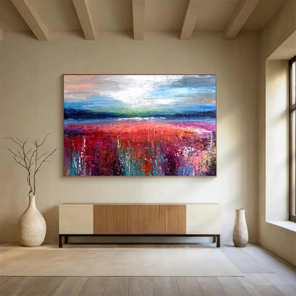 “Colorful Field Abstract - Pinks, Reds, and Blues Under a Dynamic Sky” Painting On Canvas DKH010