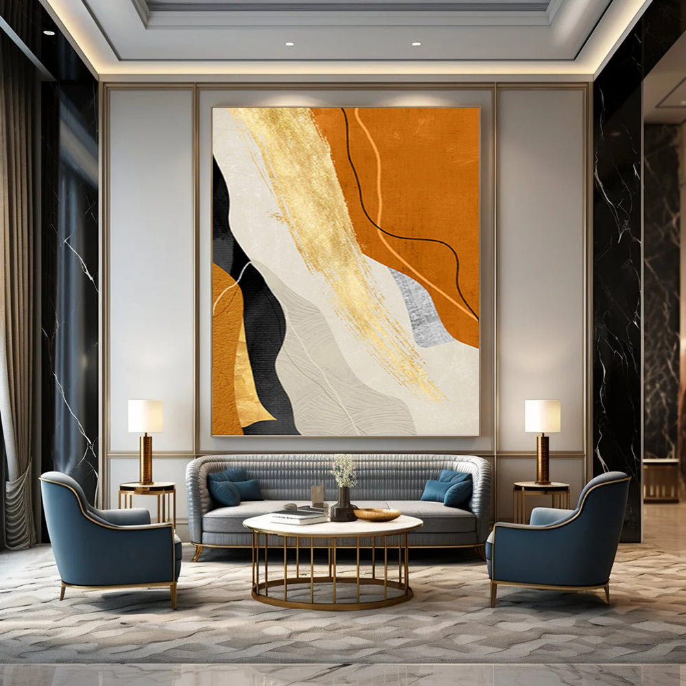 “Golden Flow” - Orange, Gold & Neutral Abstract Curves Painting On Canvas DKH1517