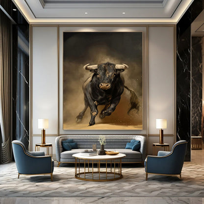 Charging Black Bull in Earthy Tones - Wildlife Painting On Canvas DKH1409