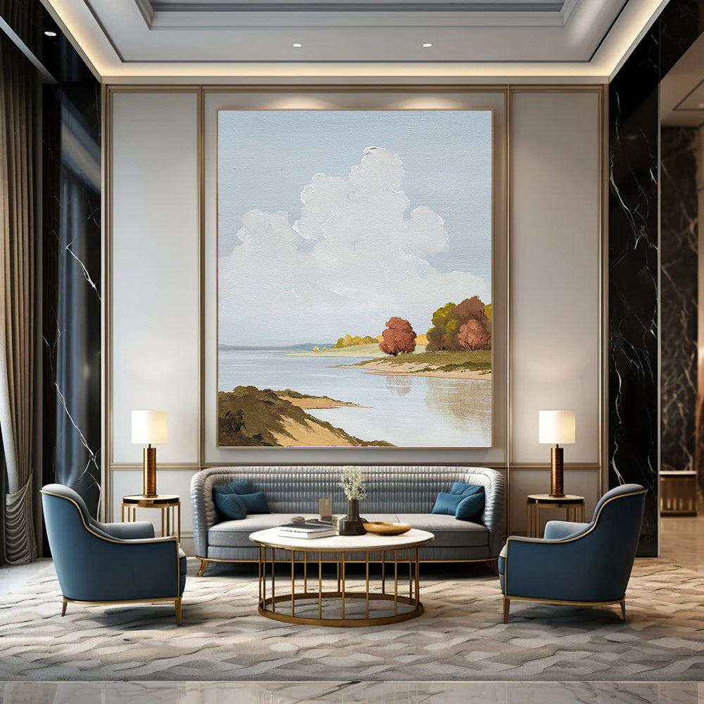 Serene Riverbank in Soft Blues and Greens - Landscape Painting On Canvas DKH1436