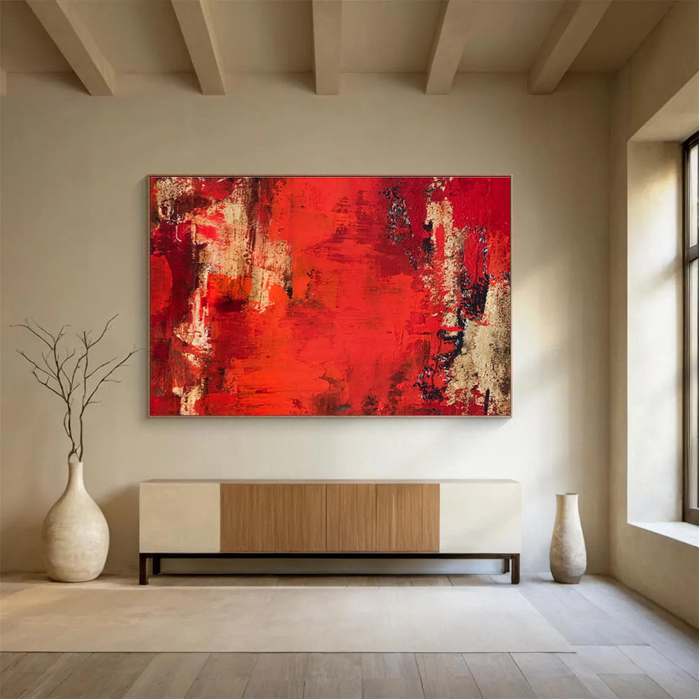 Dynamic Red and Beige Abstract Painting On Canvas DKH296
