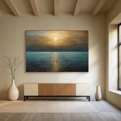 Golden Sunset and Blue Ocean “Serene Solar Reflections” Painting On Canvas DKH102