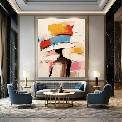 “Colorful, Abstract Hat ‘Fashionable Silhouette’” - Impasto Figurative Painting On Canvas DTP324