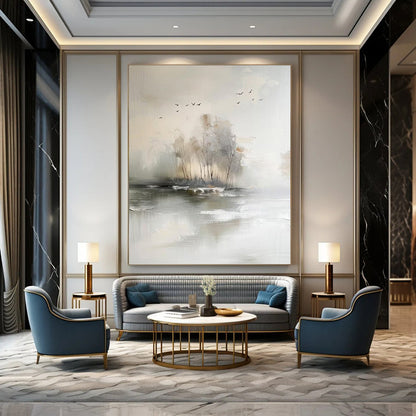 “Serene Misty Landscape” - Soft Gray, Beige & White Abstract Nature Painting On Canvas DKH1190