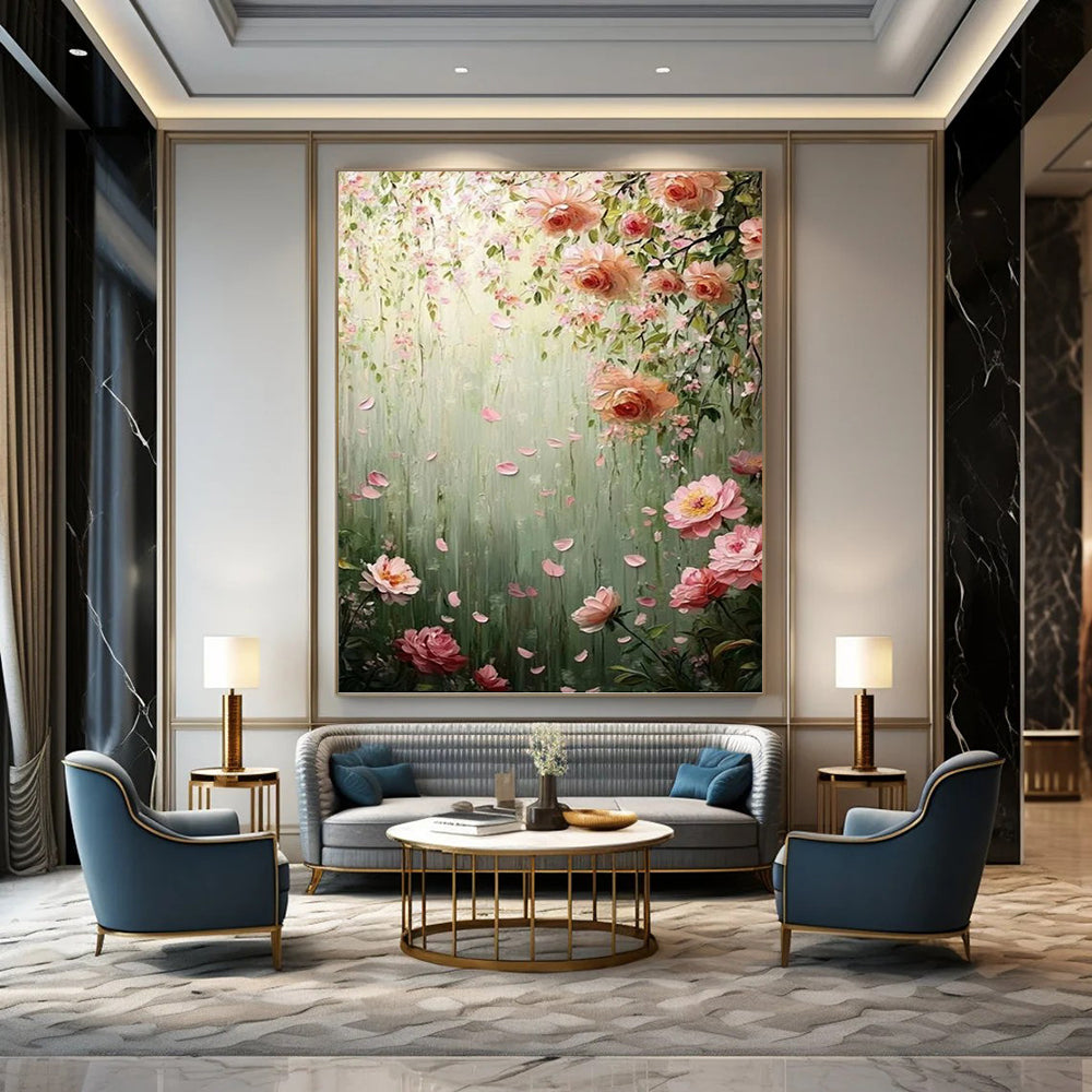 “Blush Blossoms” - Green, Pink & White Floral Waterfall Painting On Canvas DKH1553
