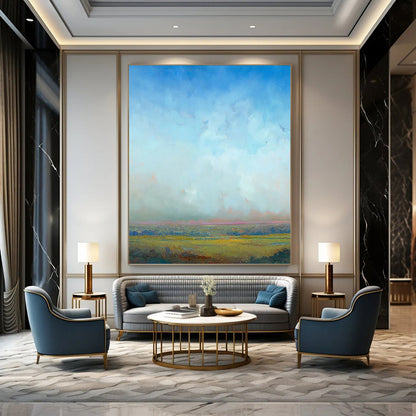 “Soft Sky and Golden Fields” - Blue, Green & Yellow Landscape Painting On Canvas DKH0935