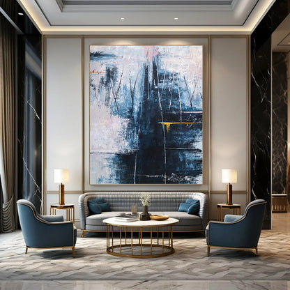 “Blue - Dominant Abstract with Textured Layers and Yellow Accent” - Moody Abstract Painting On Canvas DKH1111