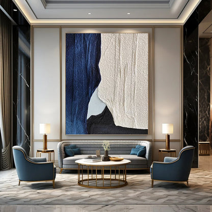 “Indigo & Ivory” - Indigo, Ivory & Black Textured Abstract Shapes Painting On Canvas DKH1547