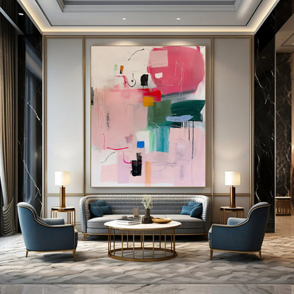 “Pink - Dominant Abstract Composition” - Pink, Green, Blue & Yellow Modernist Painting On Canvas DKH0998