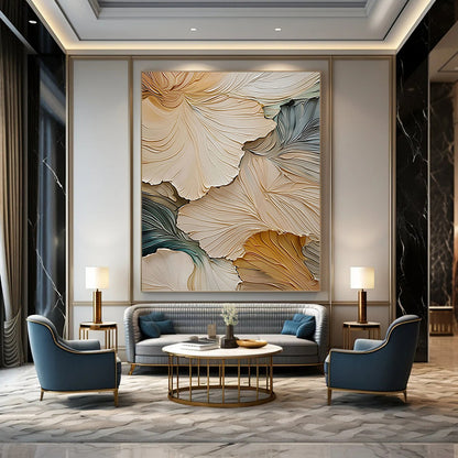 3D Floral Petals in Beige and Blue - Textured Floral Painting On Canvas DKH1385