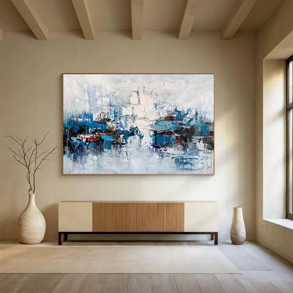 “Blue and White Abstract Harbor” Painting On Canvas DKH162