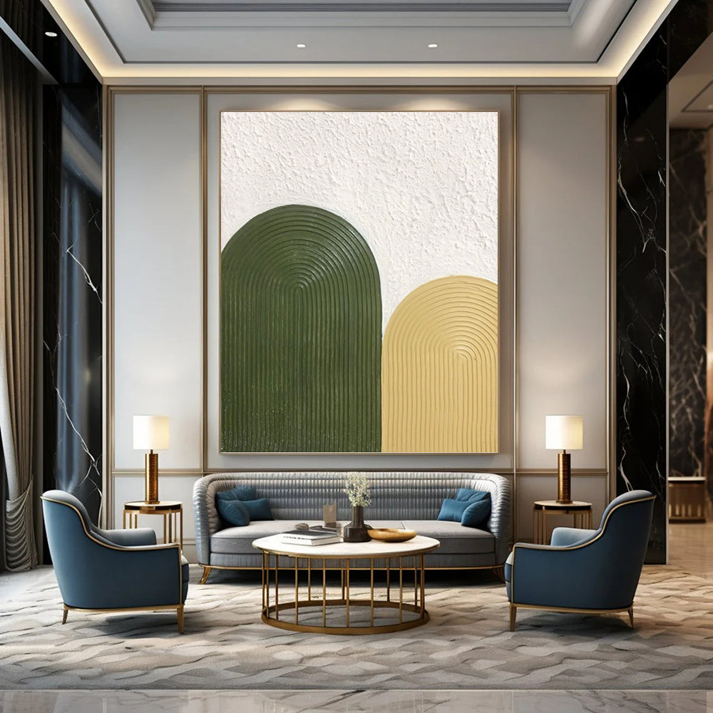 “Olive & Mustard Arches” - Green & Yellow Textured Curves Painting On Canvas DKH1176