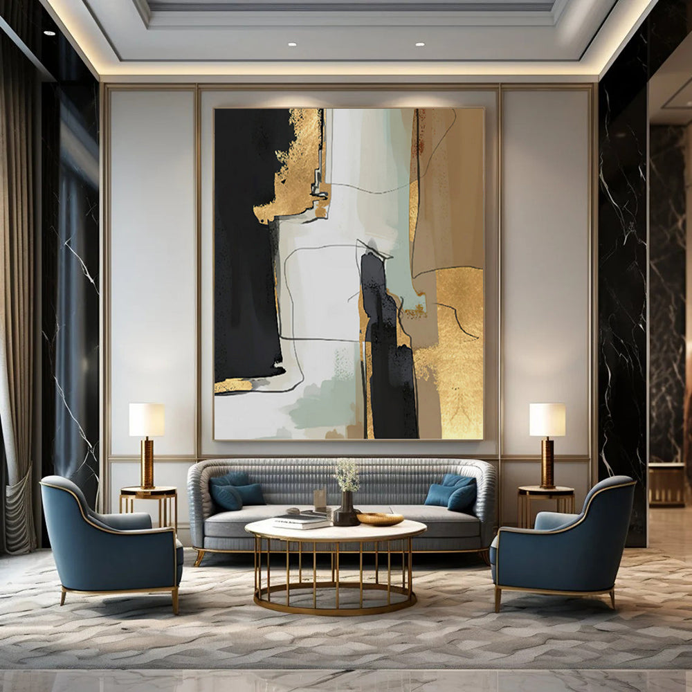 “Gilded Urbanity” - Black, Gold, Beige & Green Abstract Cityscape - Inspired Painting On Canvas DKH1524