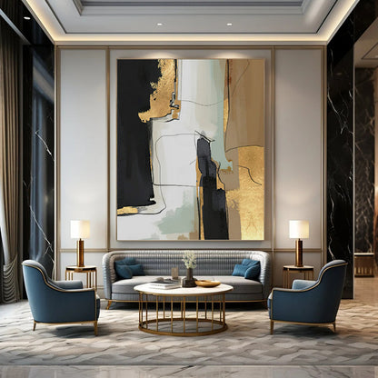 “Gilded Urbanity” - Black, Gold, Beige & Green Abstract Cityscape - Inspired Painting On Canvas DKH1524